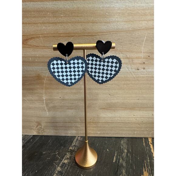 Heart checkered earrings black & white - Picture 1 of 3